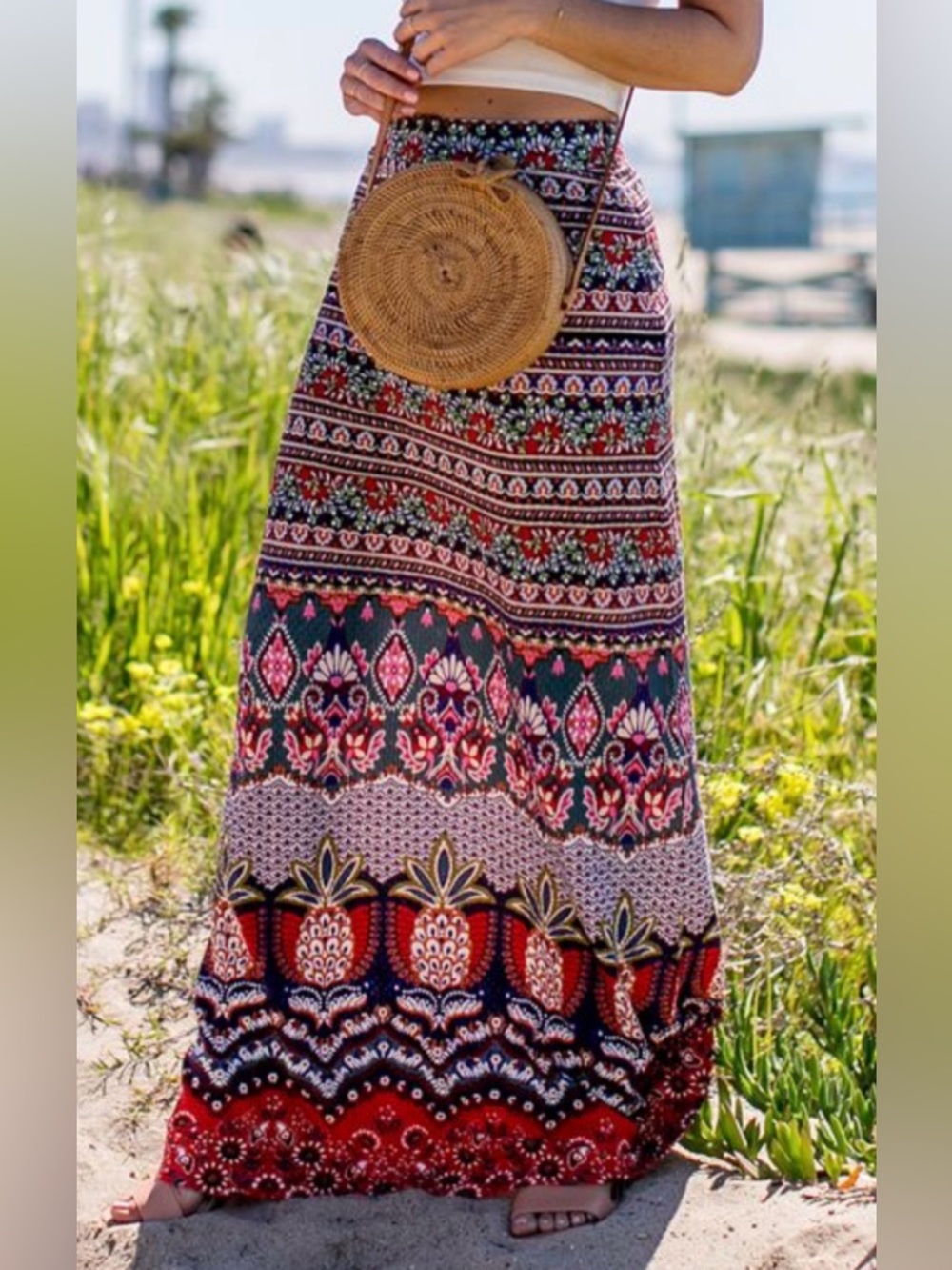 Farm Rio Fruit Mixed-Print Maxi Skirt Sz XS Elastic Waist Tropical Boho Vacation